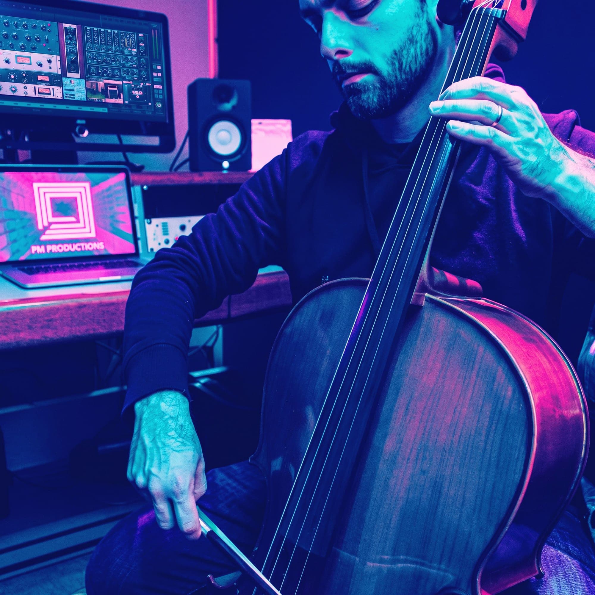 Paolo Motta suona il violoncello nello studio di PM Productions a Roma